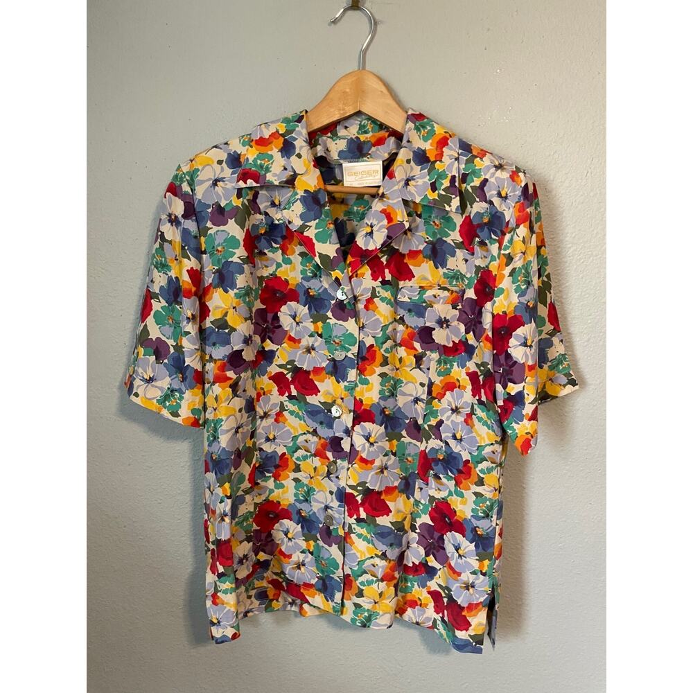 Vintage Womens Top EU 40 US 10 Colorful Floral Silk Satin Cottagecore Artsy 90s